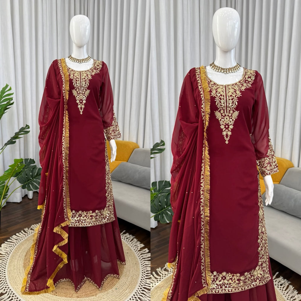 Designer Faux Georgette Suit & Plazoo Set with Dual-Sided Sequence Work