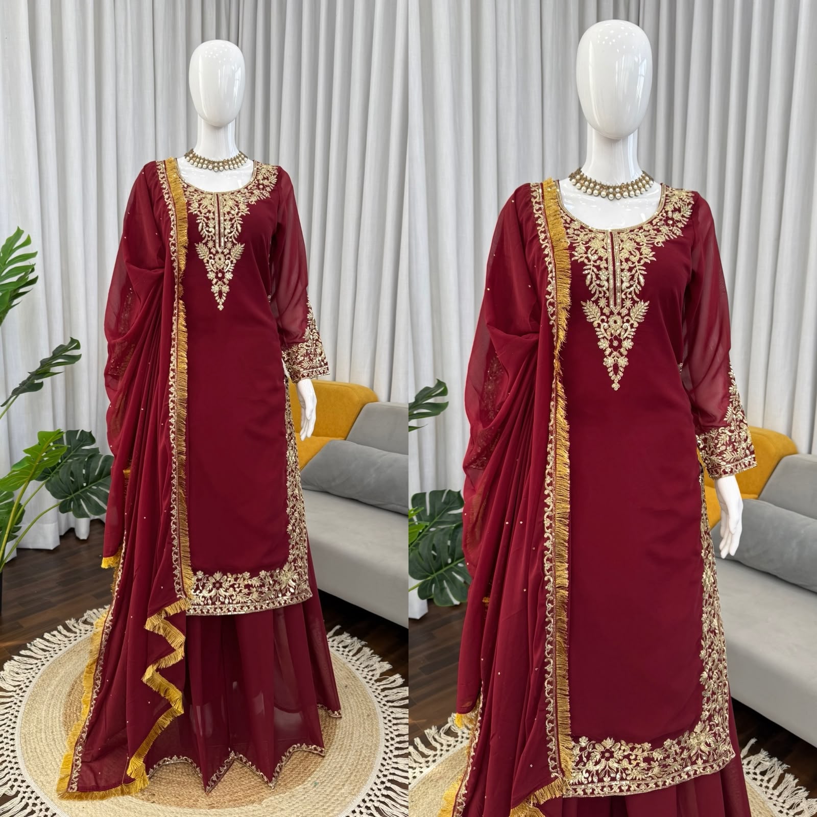 Designer Faux Georgette Suit & Plazoo Set with Dual-Sided Sequence Work
