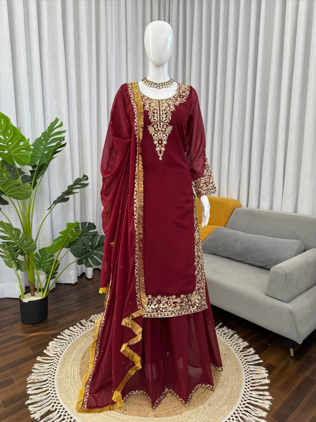 Designer Faux Georgette Suit & Plazoo Set with Dual-Sided Sequence Work