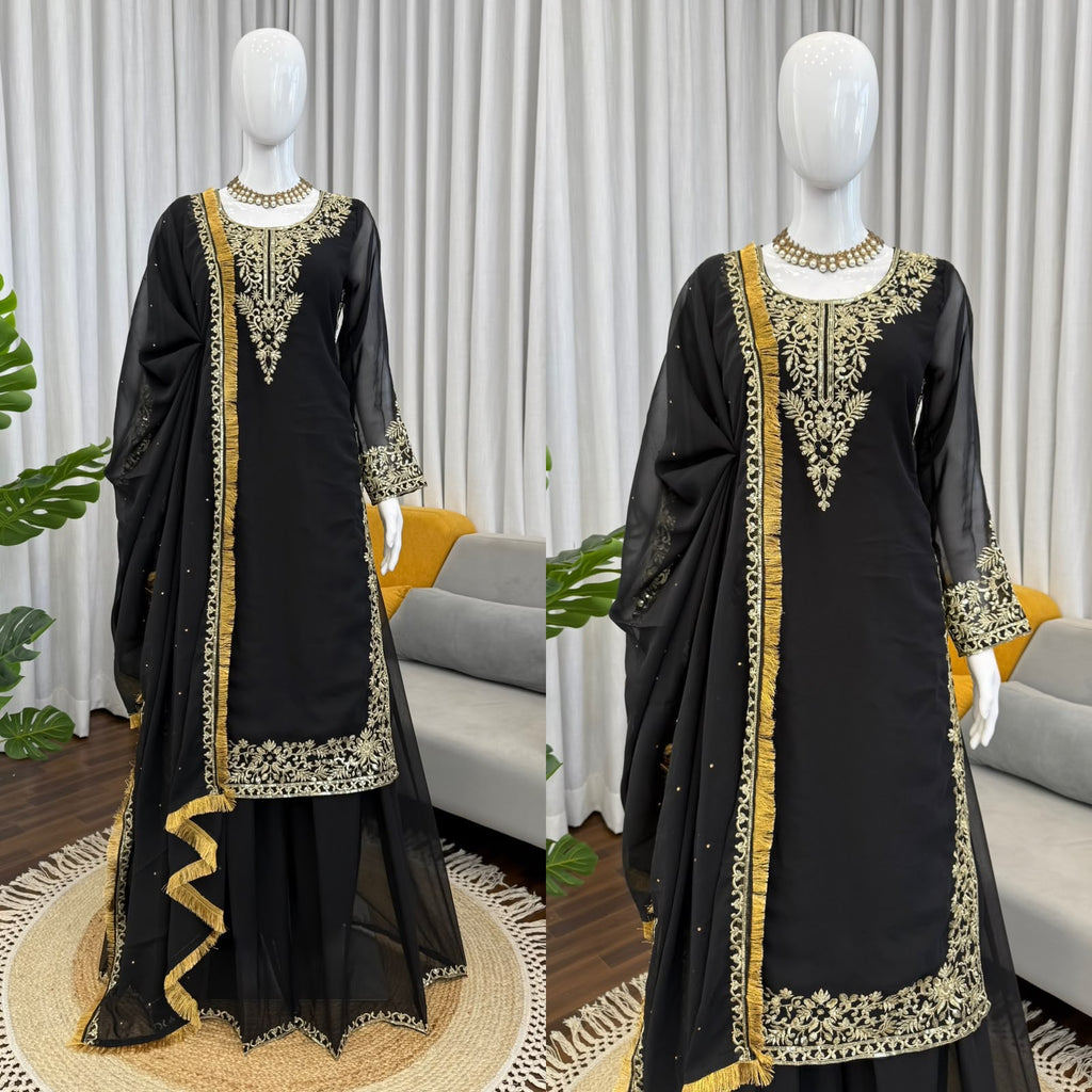 Designer Faux Georgette Suit & Plazoo Set with Dual-Sided Sequence Work