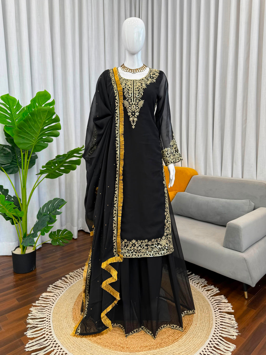 Designer Faux Georgette Suit & Plazoo Set with Dual-Sided Sequence Work
