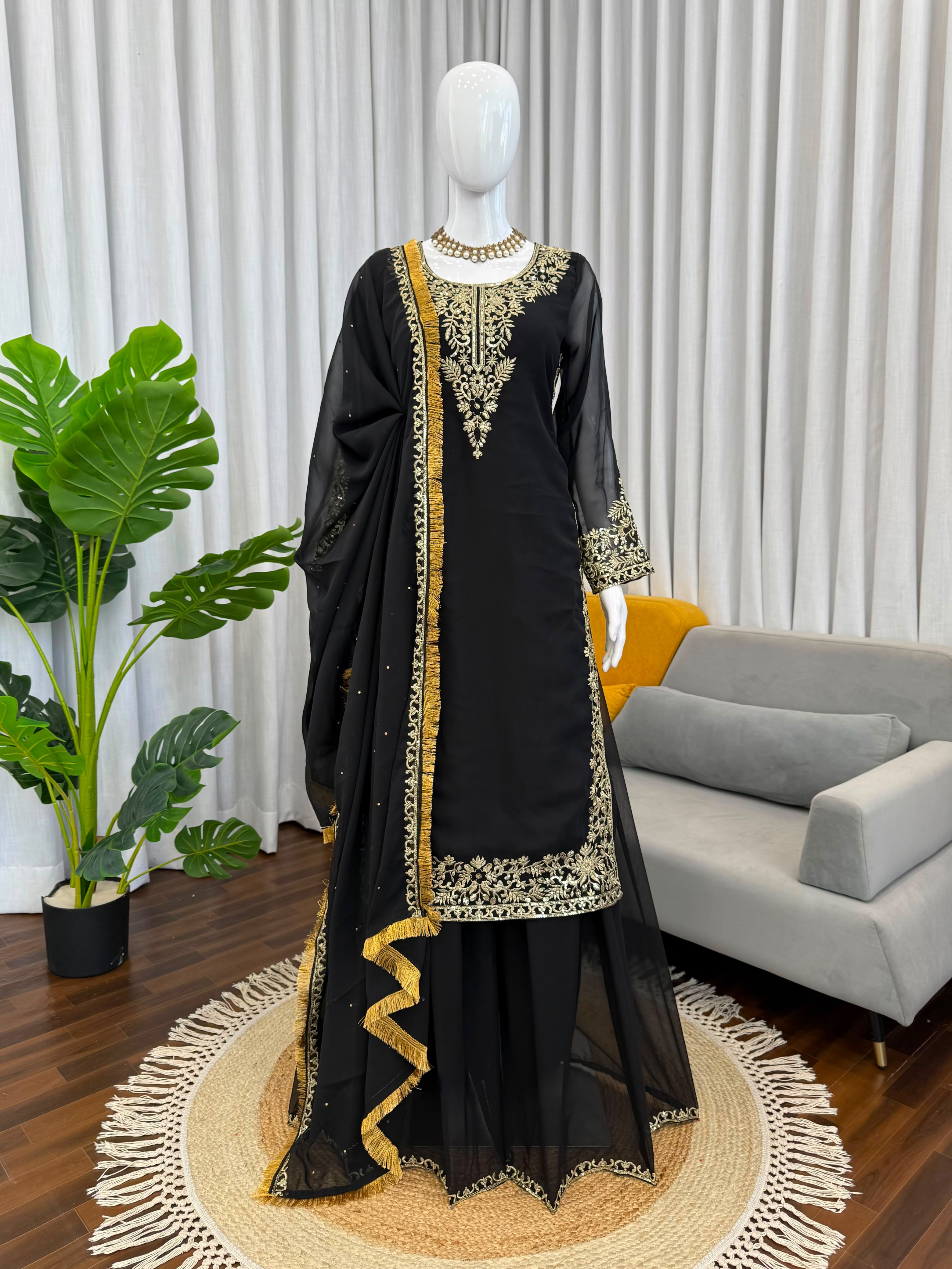 Designer Faux Georgette Suit & Plazoo Set with Dual-Sided Sequence Work