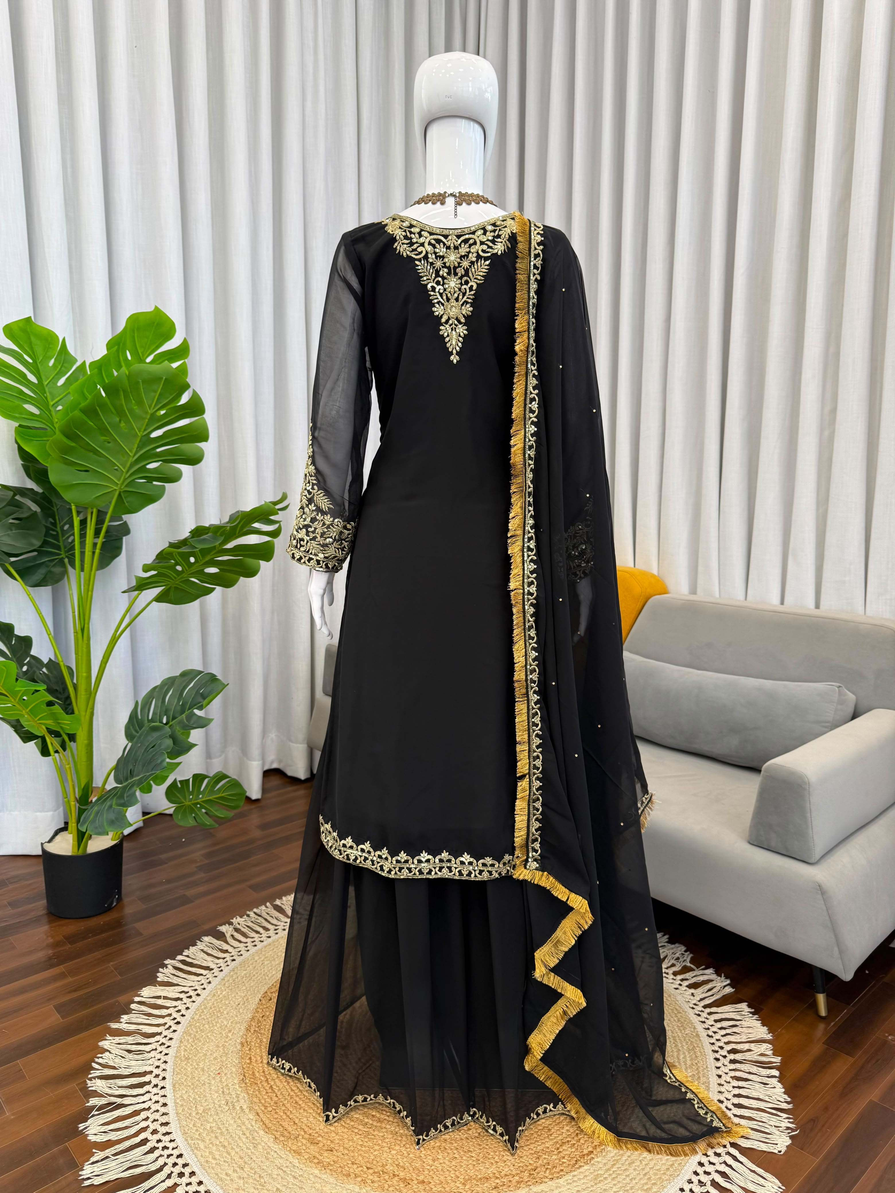 Designer Faux Georgette Suit & Plazoo Set with Dual-Sided Sequence Work