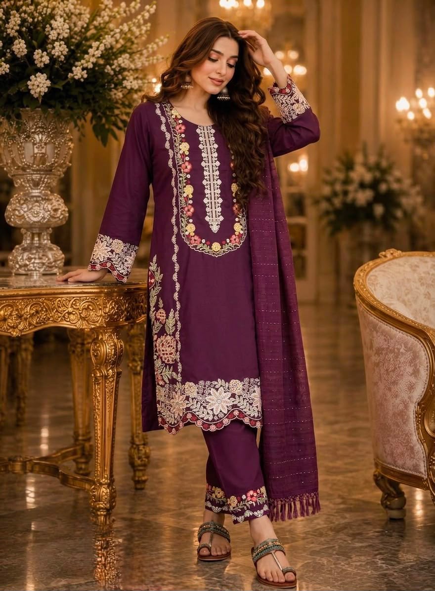 Designer Party Wear Pure Satin Rayon Suit Set with Dupatta