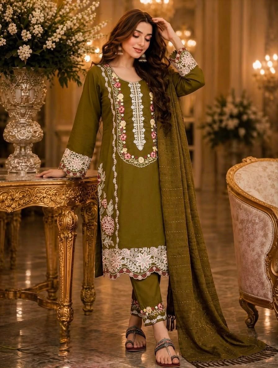Designer Party Wear Pure Satin Rayon Suit Set with Dupatta