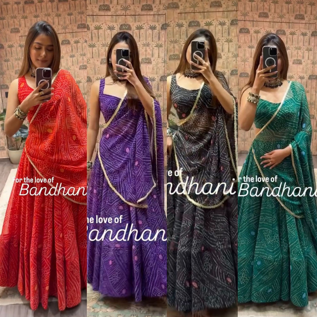 Designer Bandhani Print Faux Georgette Lehenga Choli Set with Dupatta