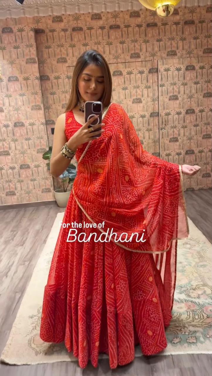 Bandhani Print Faux Georgette Lehenga Choli Set with Dupatta