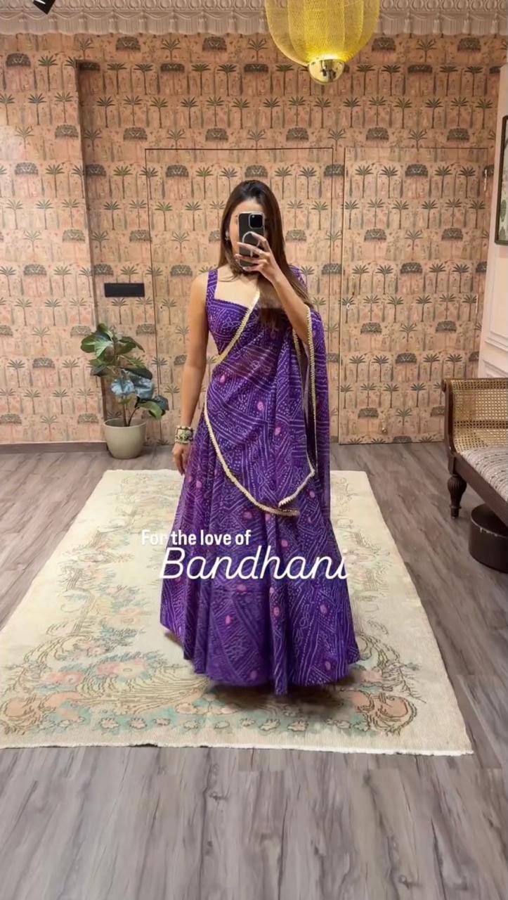 Designer Bandhani Print Faux Georgette Lehenga Choli Set with Dupatta