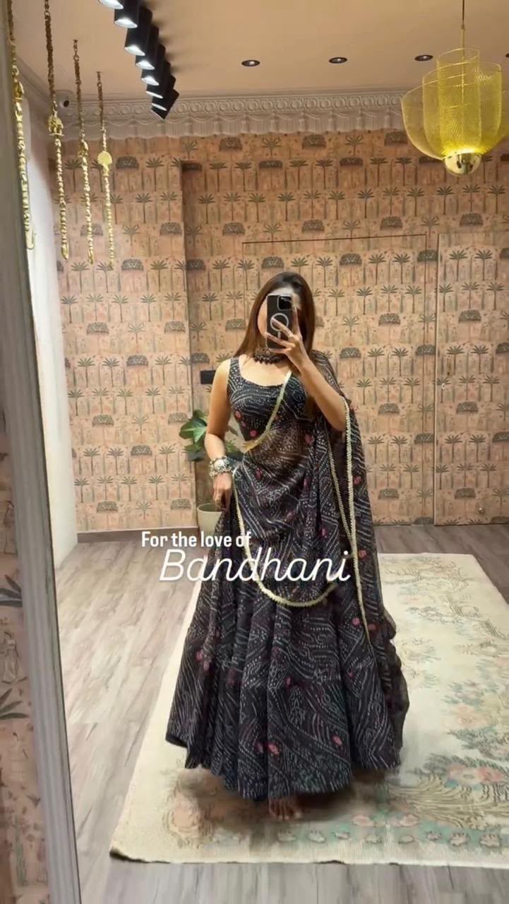 Bandhani Print Faux Georgette Lehenga Choli Set with Dupatta