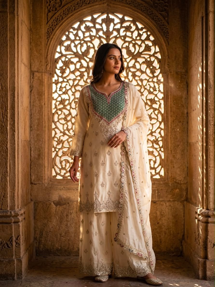 Embroidered Chinon Silk Sharara Suit Set with Hand Mirror Work (Style 6000)