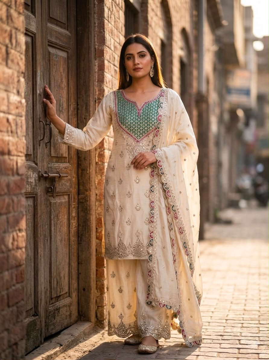 Embroidered Chinon Silk Sharara Suit Set with Hand Mirror Work (Style 6000)