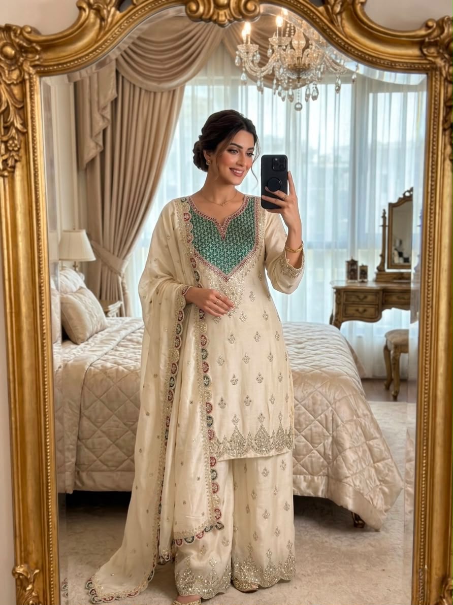 Embroidered Chinon Silk Sharara Suit Set with Hand Mirror Work (Style 6000)