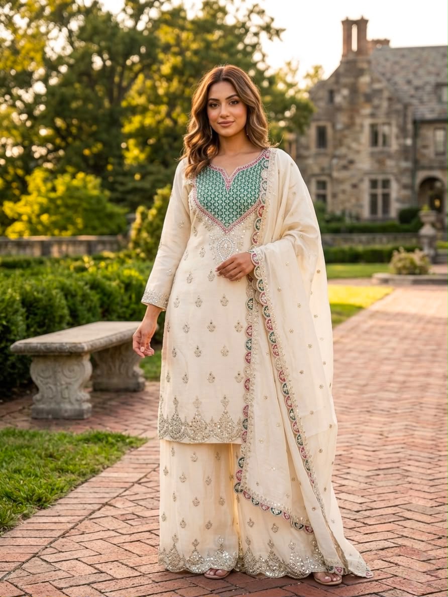 Embroidered Chinon Silk Sharara Suit Set with Hand Mirror Work (Style 6000)