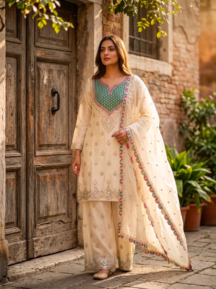 Embroidered Chinon Silk Sharara Suit Set with Hand Mirror Work (Style 6000)