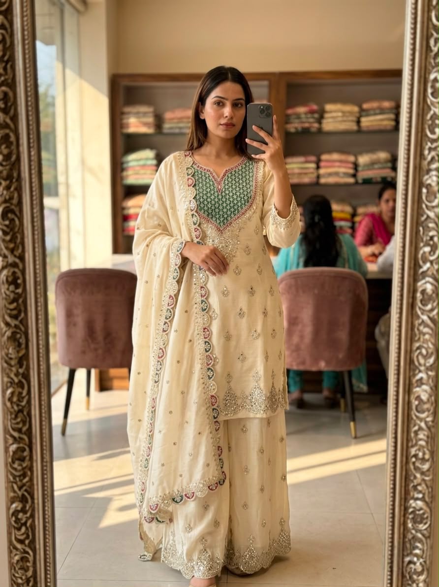 Embroidered Chinon Silk Sharara Suit Set with Hand Mirror Work (Style 6000)