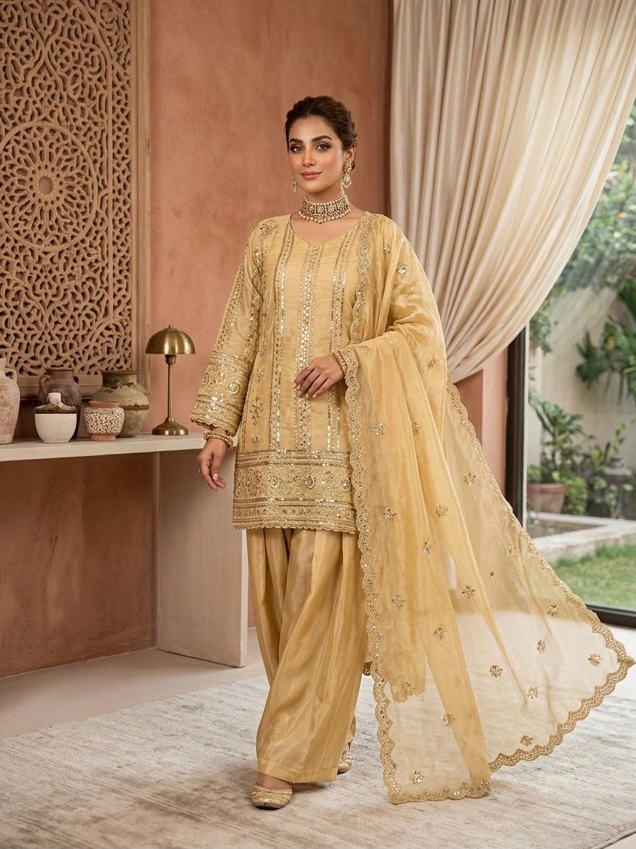 Designer JMC Silk Palazzo Suit Set with Sequence Embroidery – Style KD1583