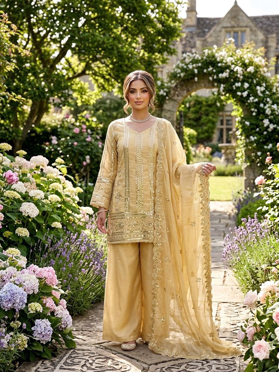 Designer JMC Silk Palazzo Suit Set with Sequence Embroidery – Style KD1583