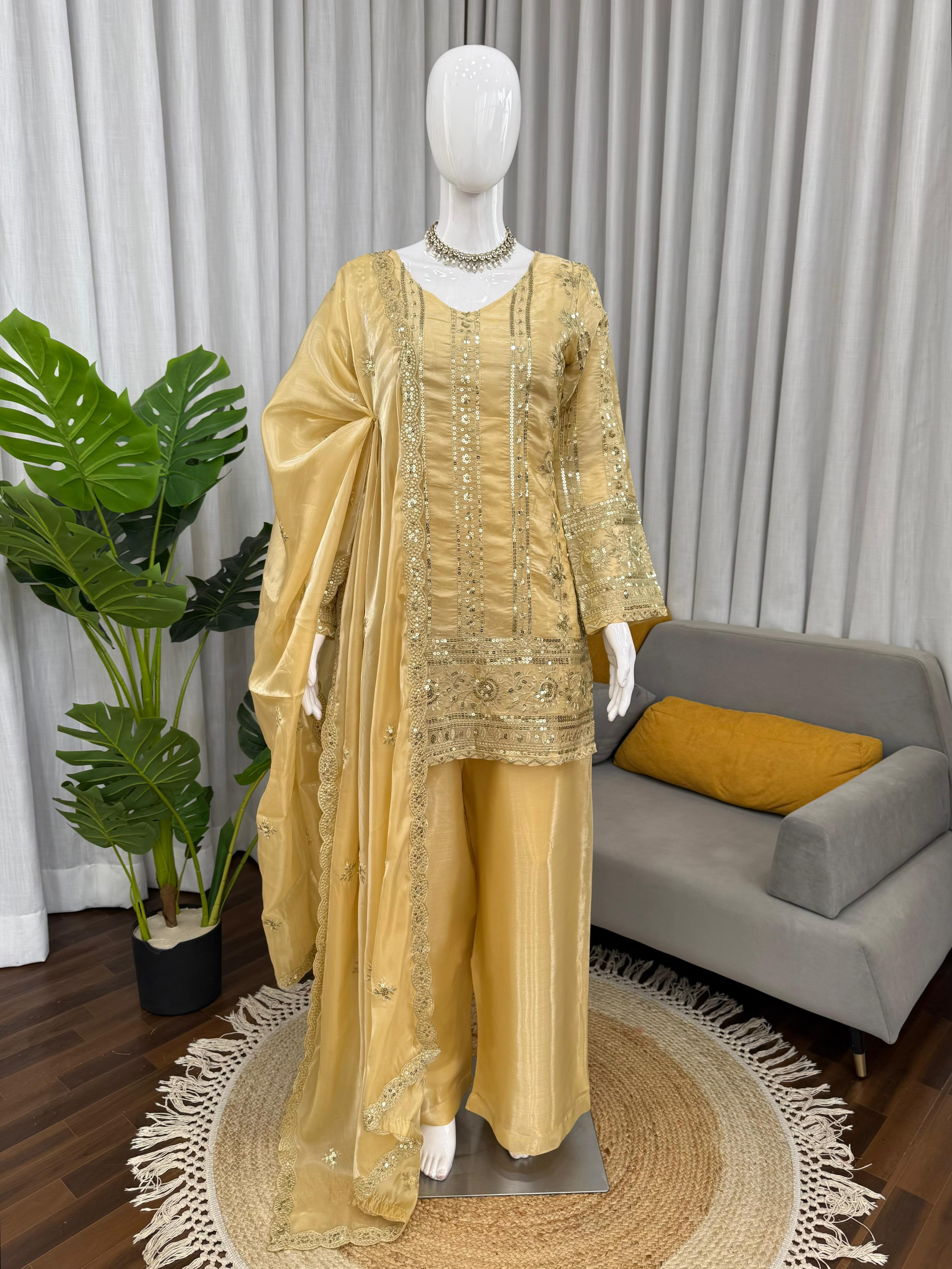 Designer JMC Silk Palazzo Suit Set with Sequence Embroidery – Style KD1583