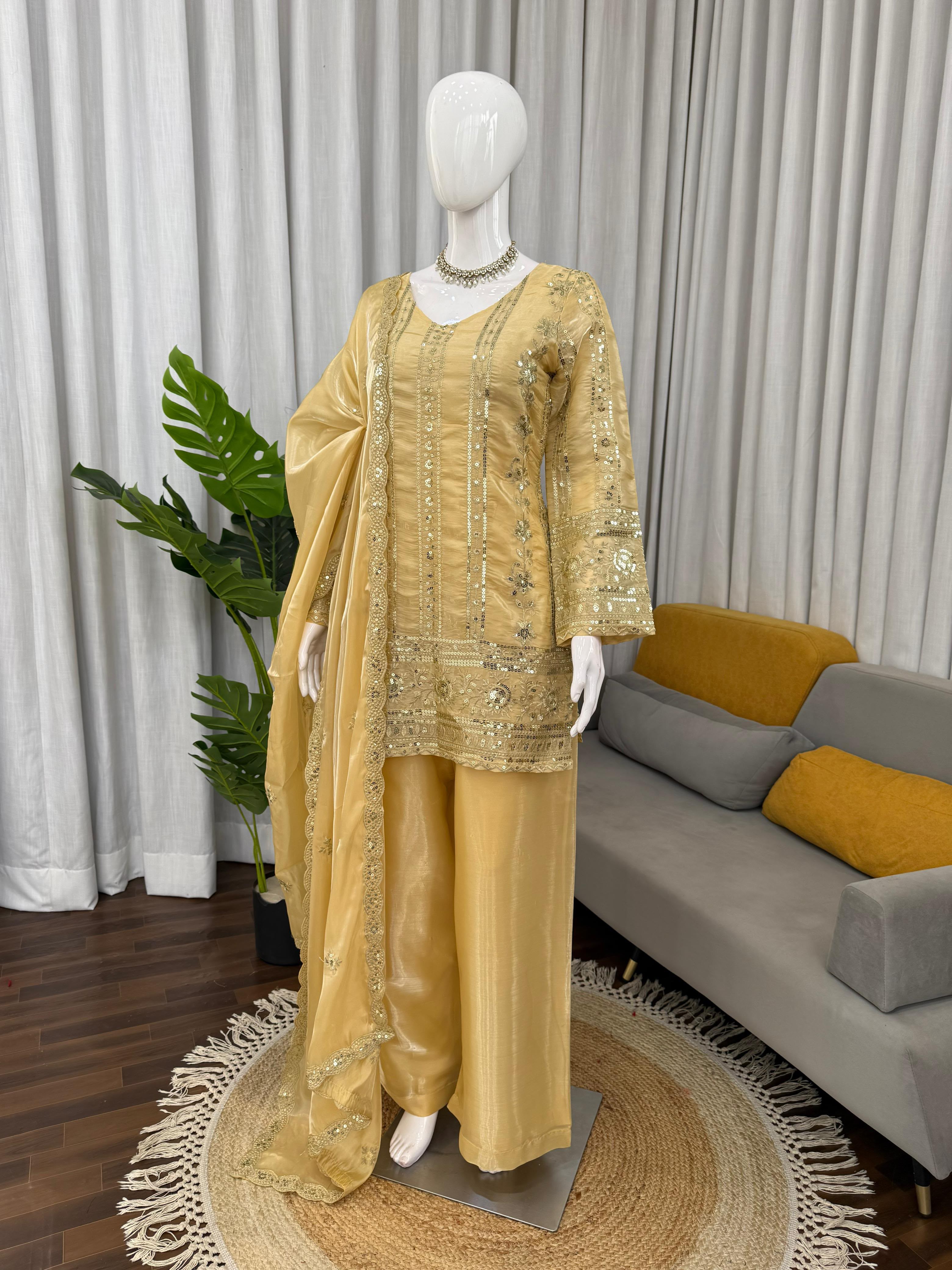 Designer JMC Silk Palazzo Suit Set with Sequence Embroidery – Style KD1583
