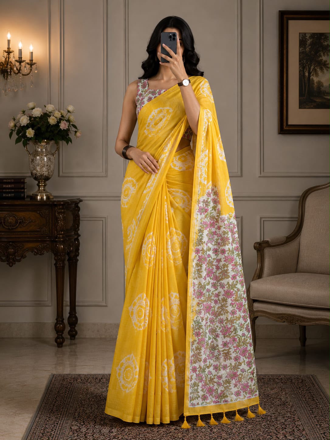 Floral Digital Print Soft Cotton Linen Saree with Blouse Piece