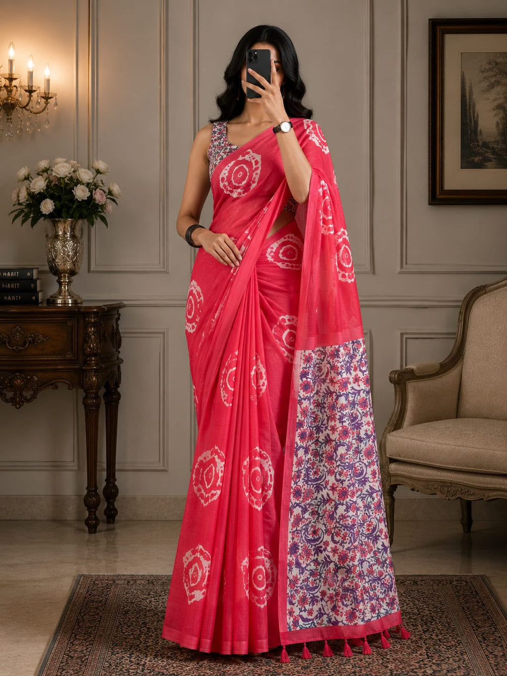 Floral Digital Print Soft Cotton Linen Saree with Blouse Piece