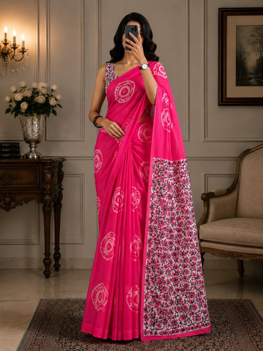 Floral Digital Print Soft Cotton Linen Saree with Blouse Piece