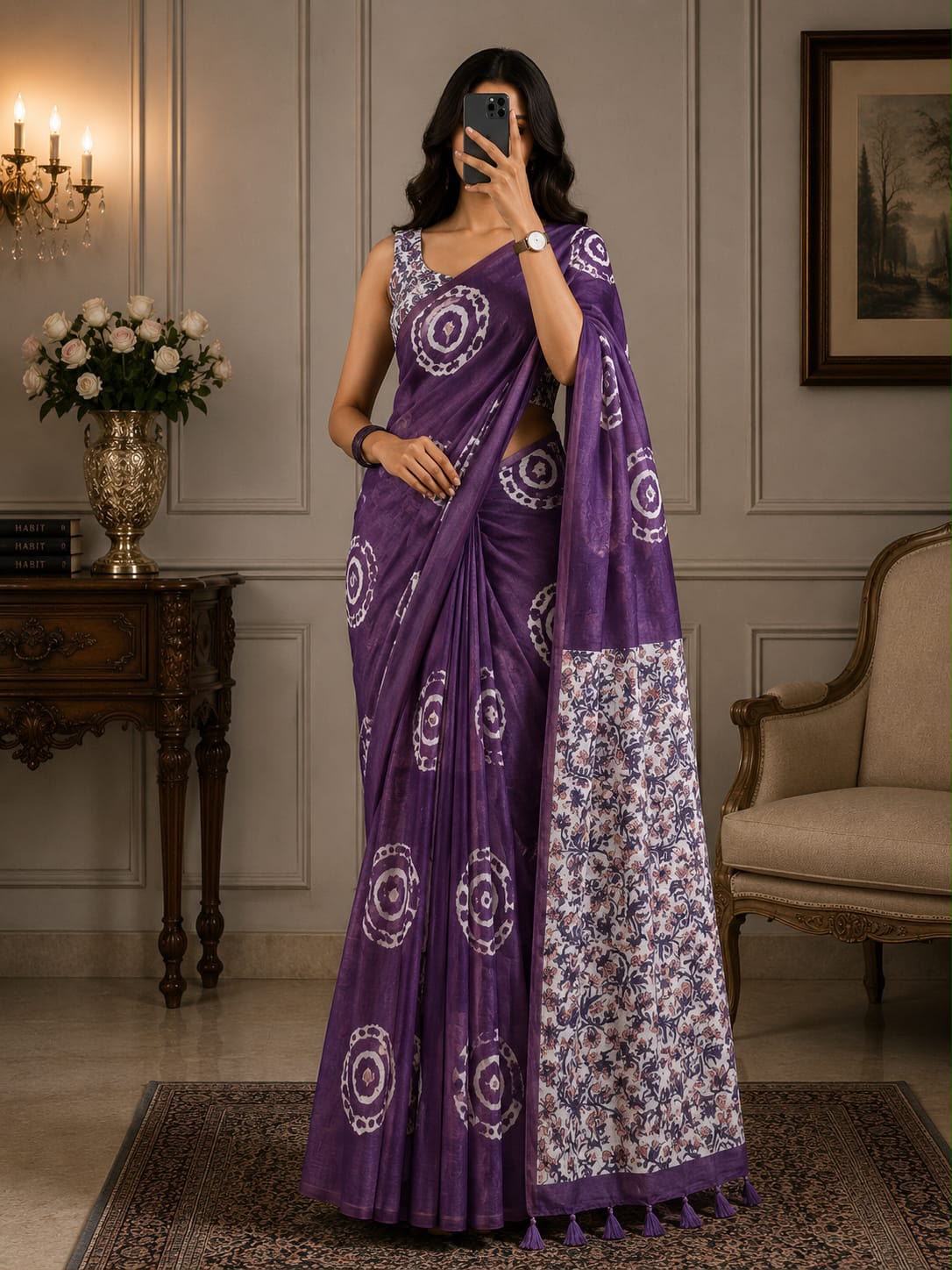 Floral Digital Print Soft Cotton Linen Saree with Blouse Piece