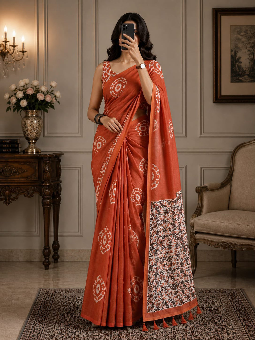 Floral Digital Print Soft Cotton Linen Saree with Blouse Piece