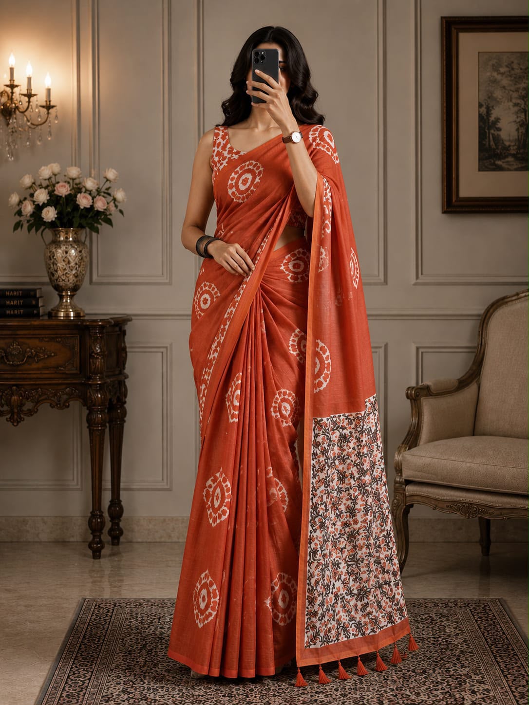 Floral Digital Print Soft Cotton Linen Saree with Blouse Piece