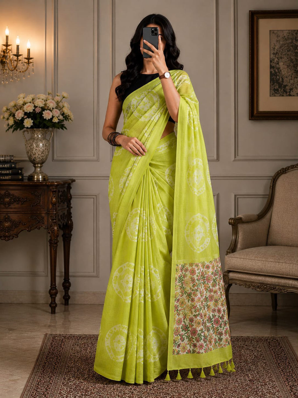 Floral Digital Print Soft Cotton Linen Saree with Blouse Piece