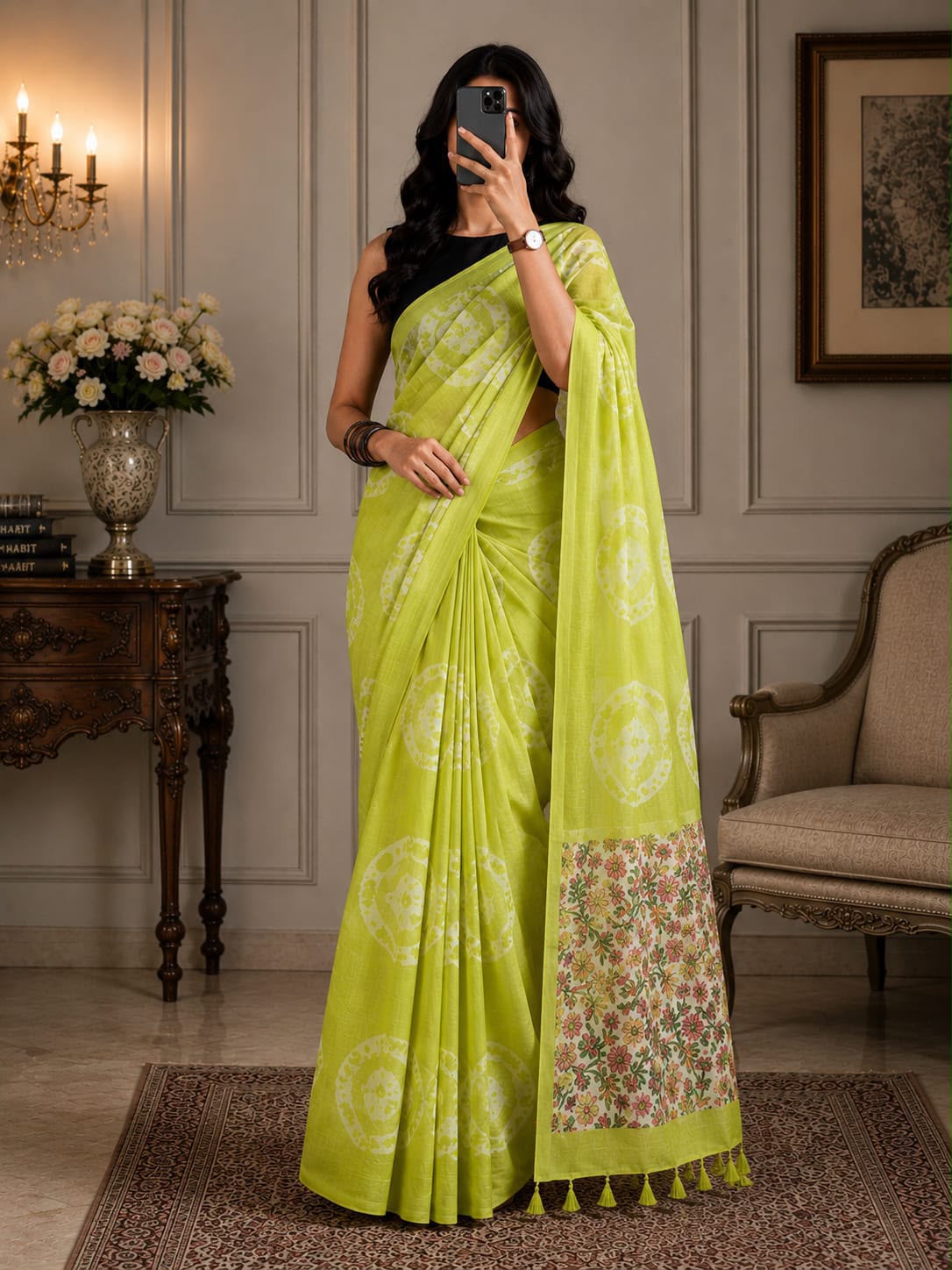 Floral Digital Print Soft Cotton Linen Saree with Blouse Piece