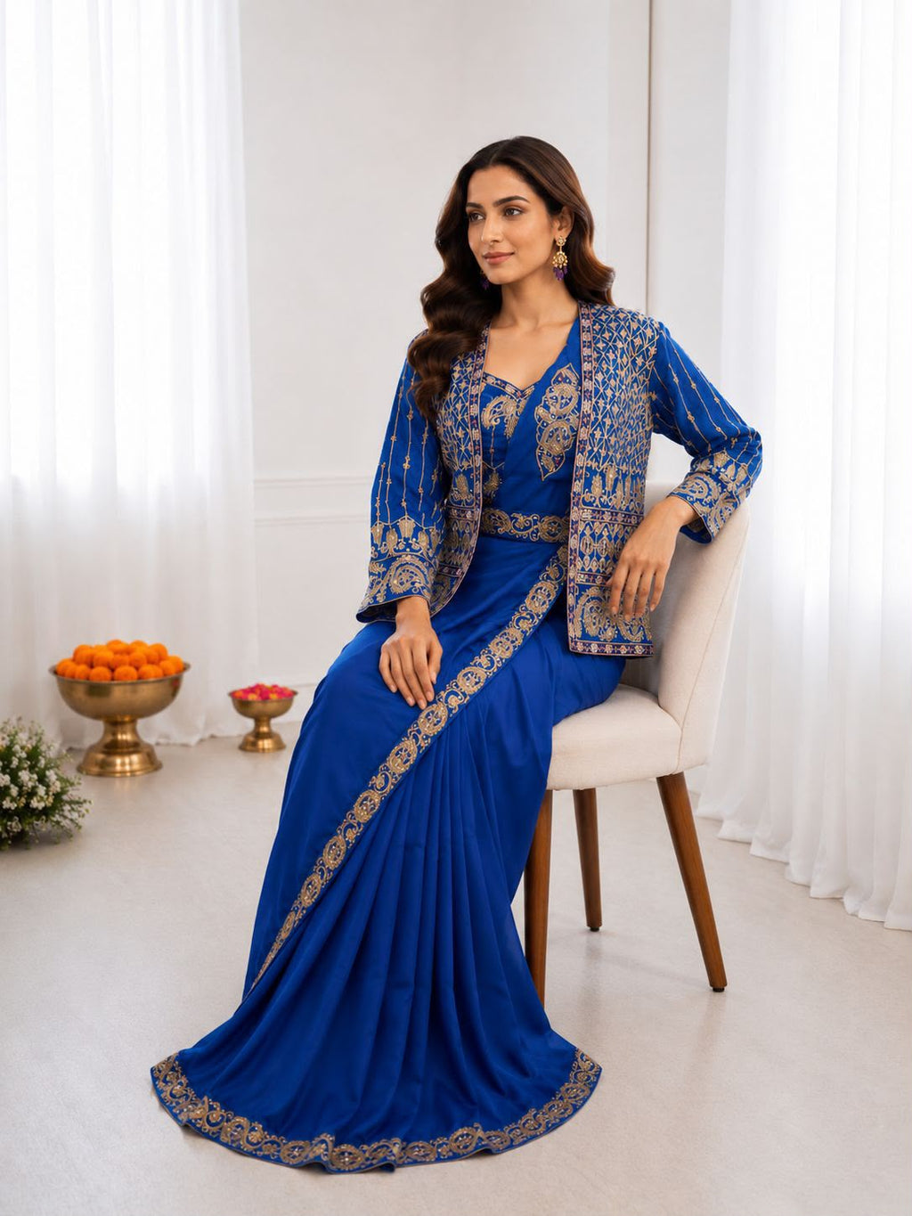 Heavy Crepe Silk Ready-to-Wear Saree Set with Embroidered Jacket & Blouse