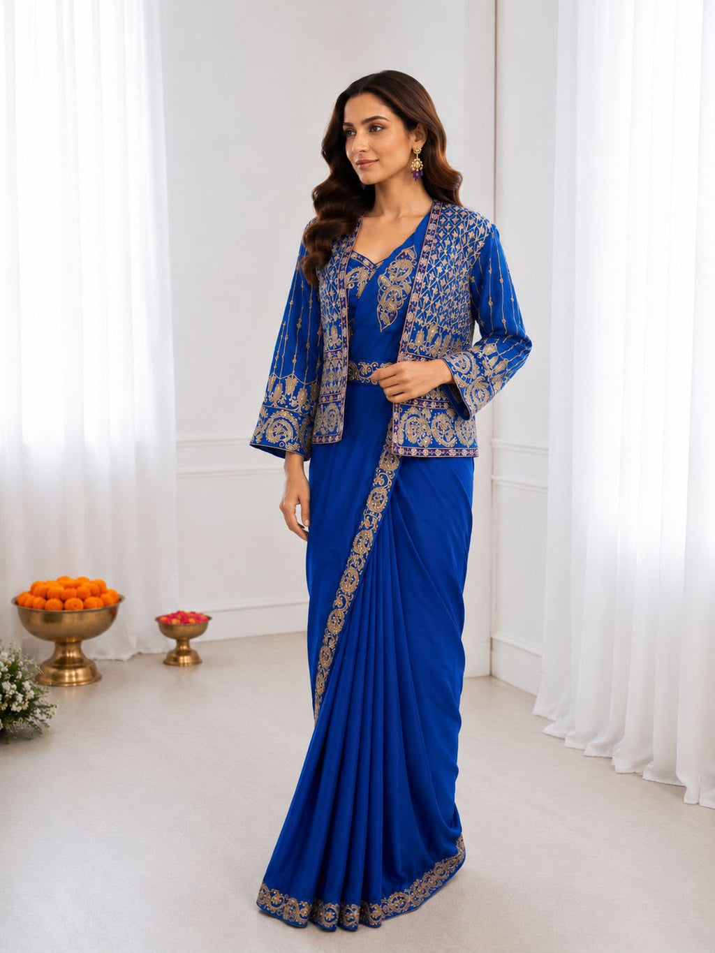 Heavy Crepe Silk Ready-to-Wear Saree Set with Embroidered Jacket & Blouse