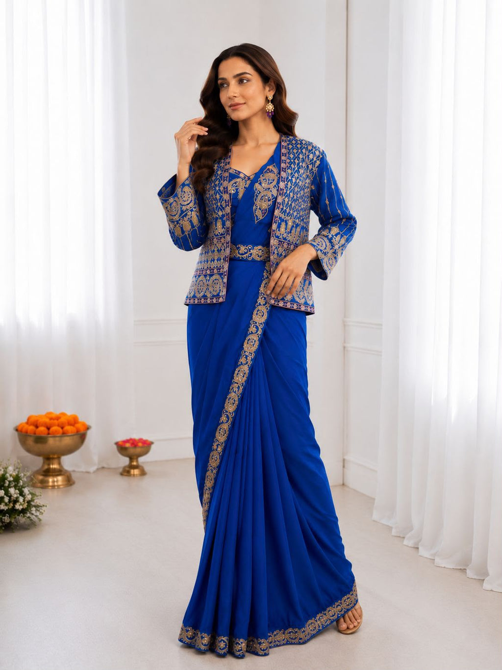 Heavy Crepe Silk Ready-to-Wear Saree Set with Embroidered Jacket & Blouse