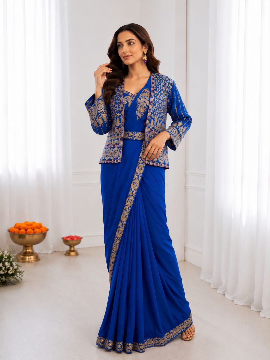 Heavy Crepe Silk Ready-to-Wear Saree Set with Embroidered Jacket & Blouse
