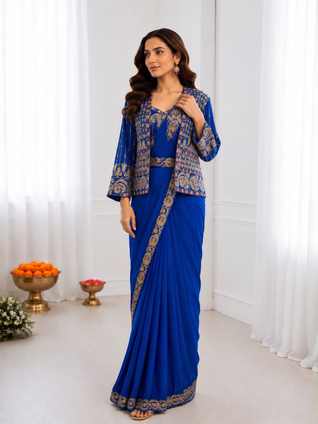 Heavy Crepe Silk Ready-to-Wear Saree Set with Embroidered Jacket & Blouse