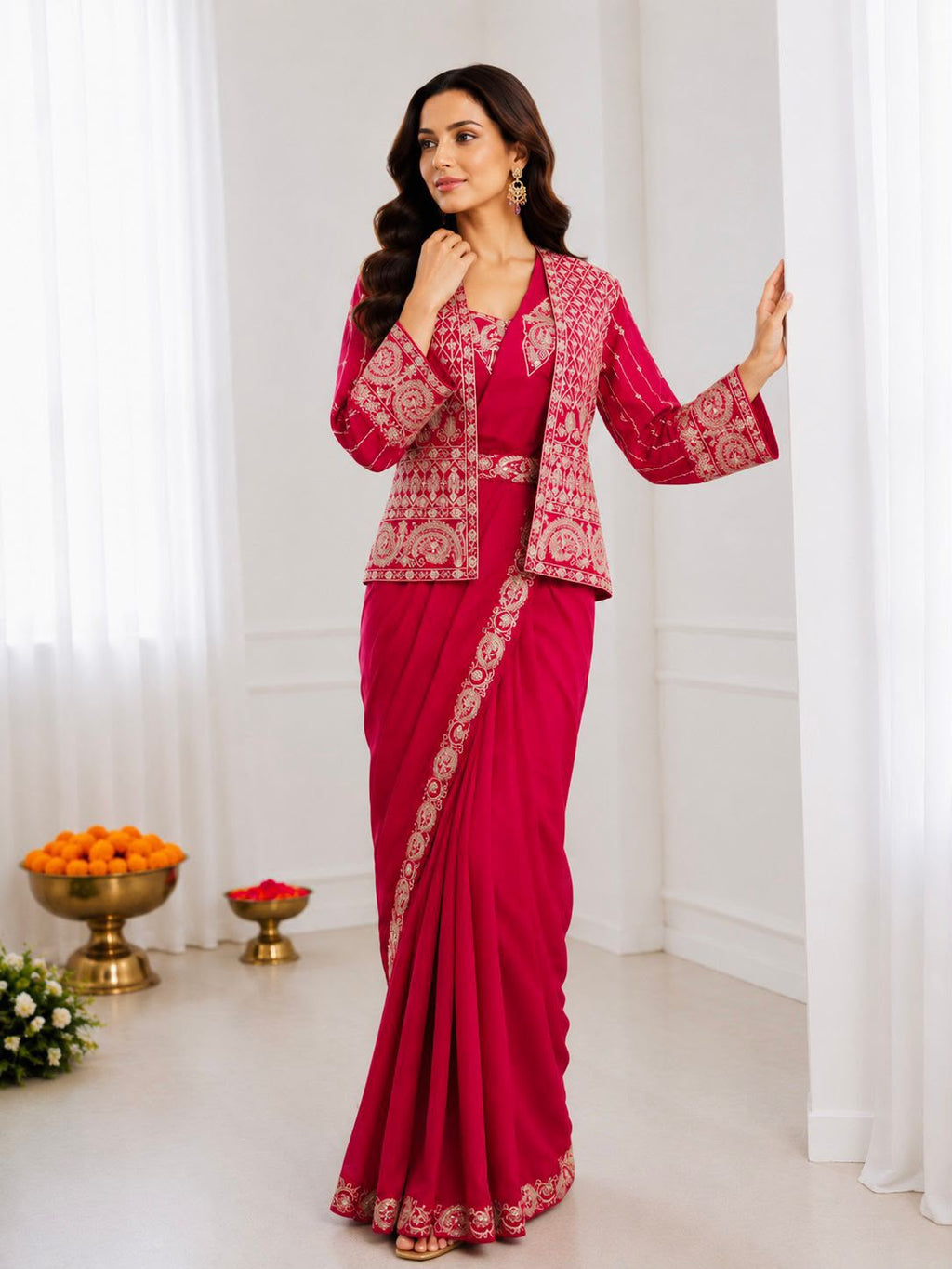 Heavy Crepe Silk Ready-to-Wear Saree Set with Embroidered Jacket & Blouse