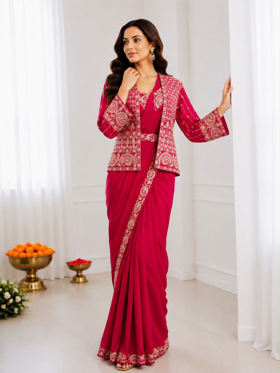 Heavy Crepe Silk Ready-to-Wear Saree Set with Embroidered Jacket & Blouse