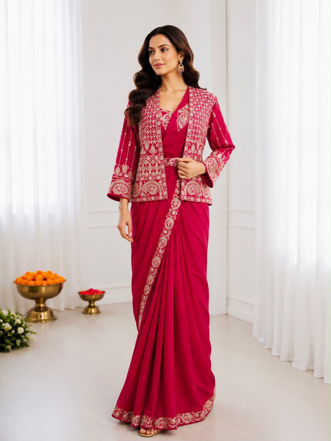 Heavy Crepe Silk Ready-to-Wear Saree Set with Embroidered Jacket & Blouse