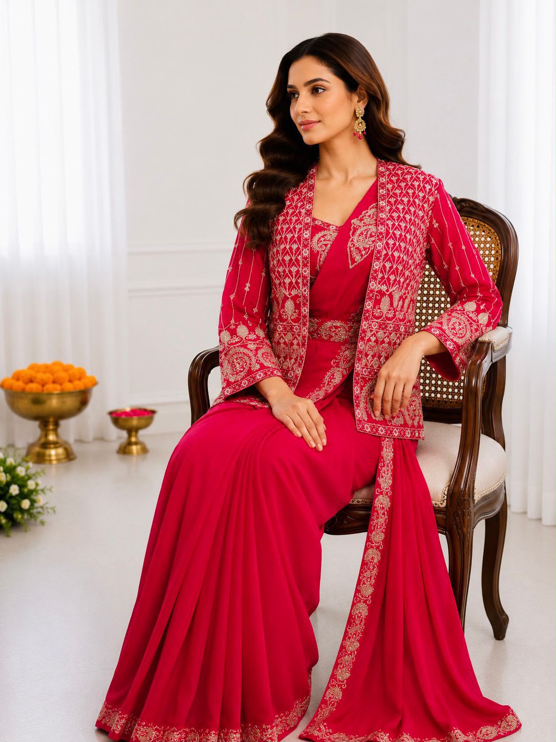 Heavy Crepe Silk Ready-to-Wear Saree Set with Embroidered Jacket & Blouse