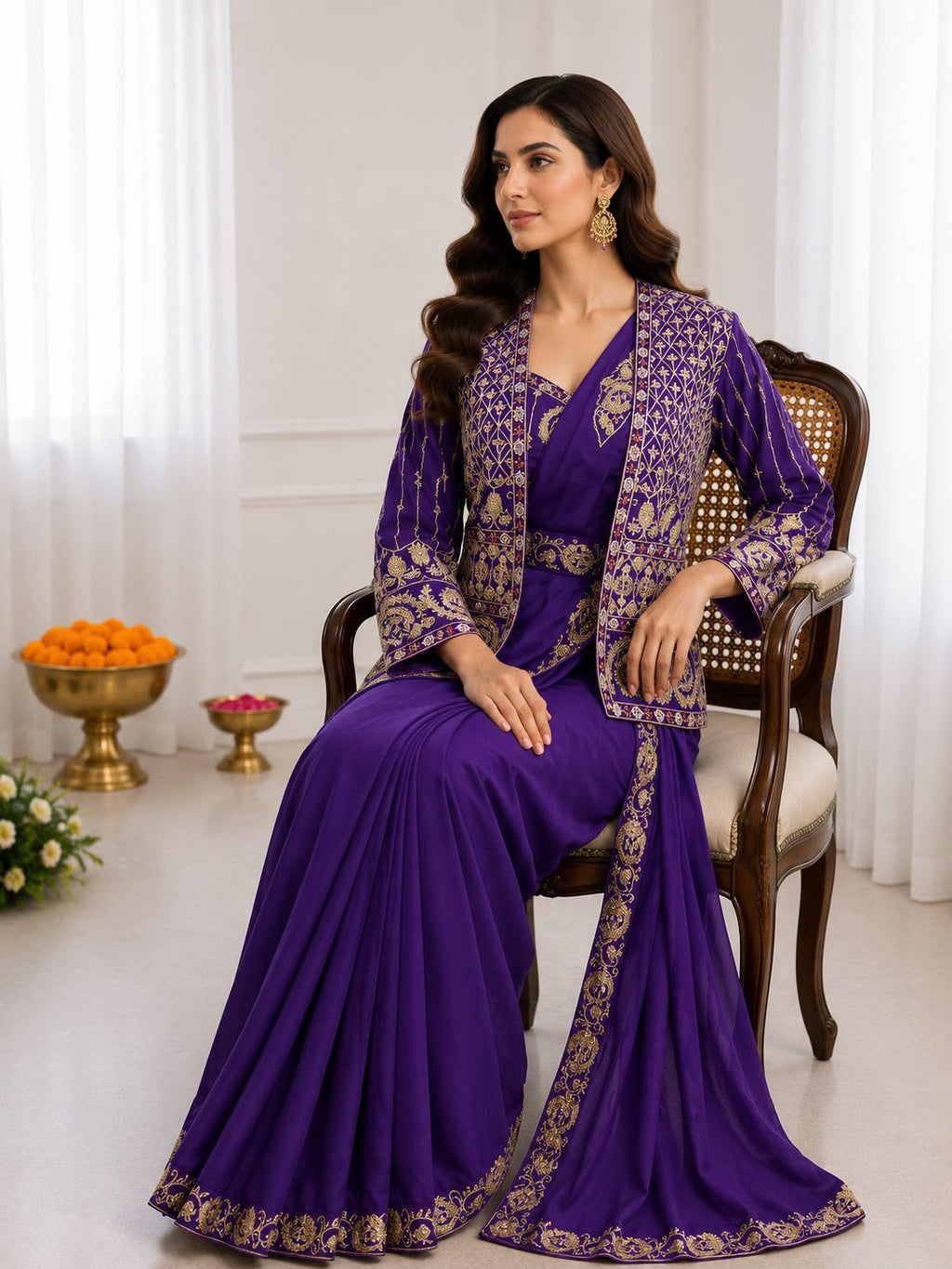 Heavy Crepe Silk Ready-to-Wear Saree Set with Embroidered Jacket & Blouse