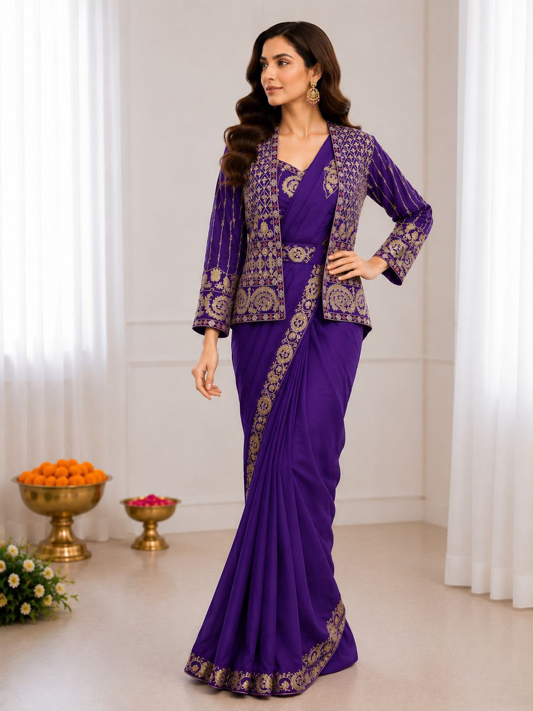 Heavy Crepe Silk Ready-to-Wear Saree Set with Embroidered Jacket & Blouse