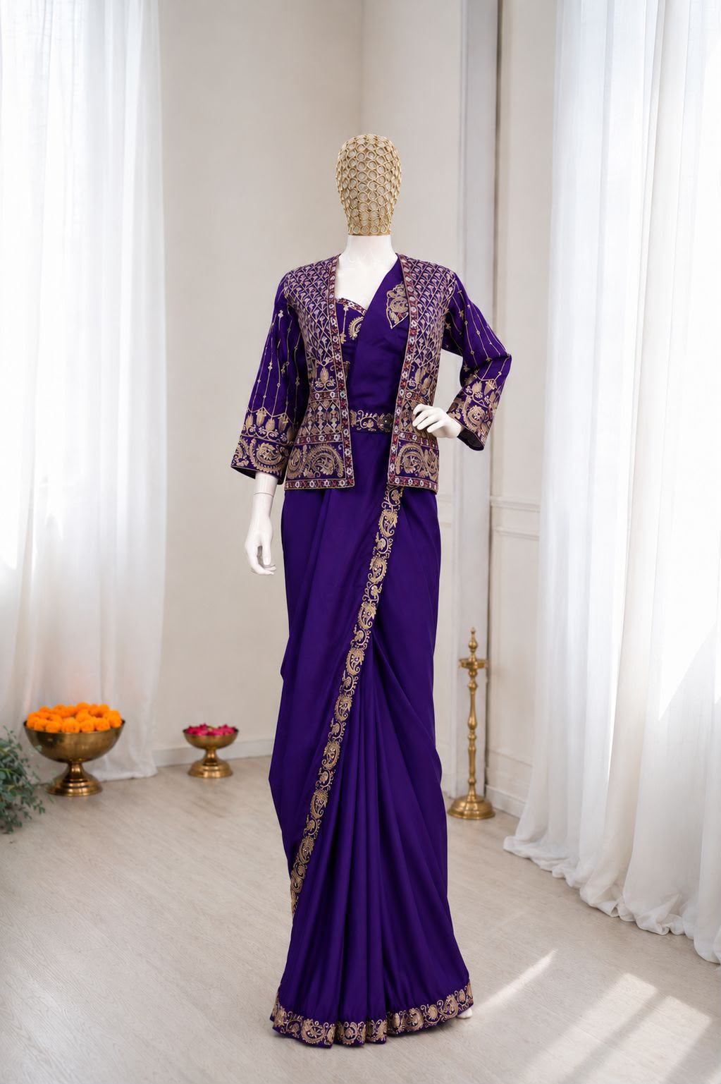 Heavy Crepe Silk Ready-to-Wear Saree Set with Embroidered Jacket & Blouse