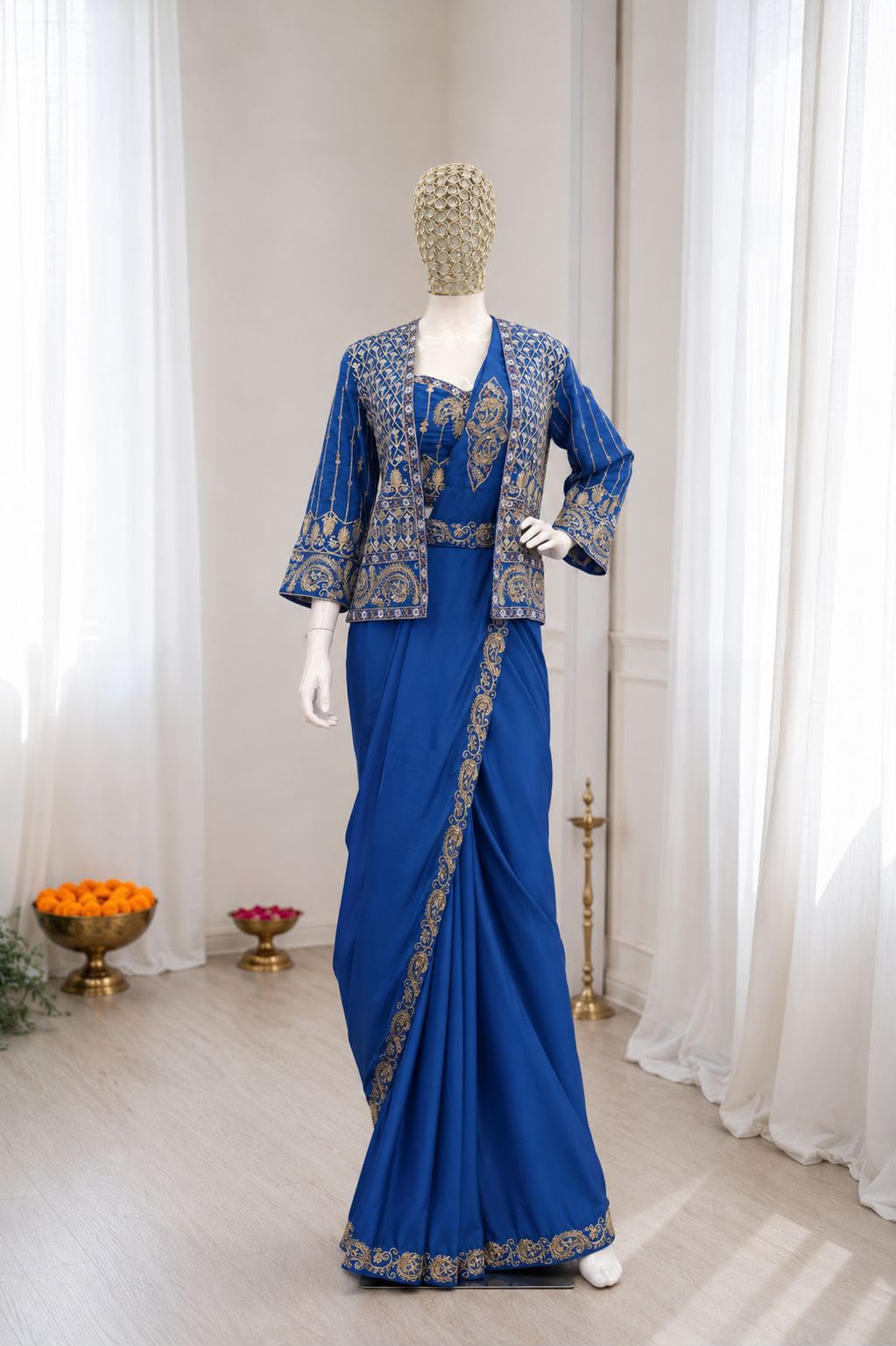 Heavy Crepe Silk Ready-to-Wear Saree Set with Embroidered Jacket & Blouse