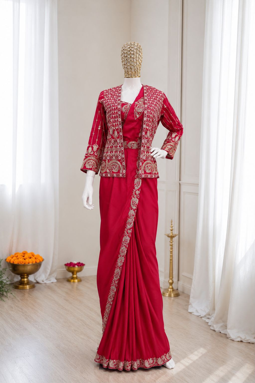 Heavy Crepe Silk Ready-to-Wear Saree Set with Embroidered Jacket & Blouse