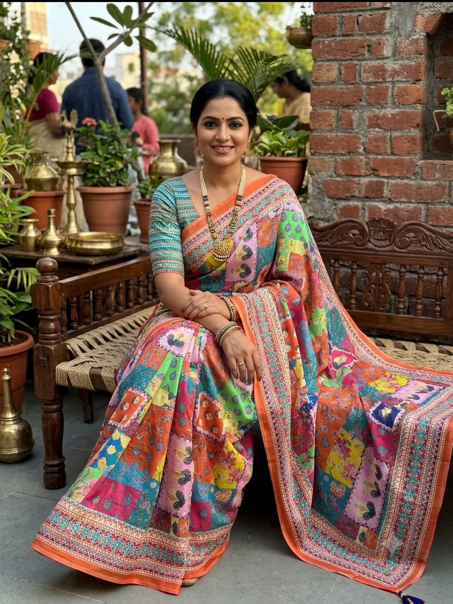 Pure Soft Chinon Saree with Digital Ajrakh Print and Blouse Piece