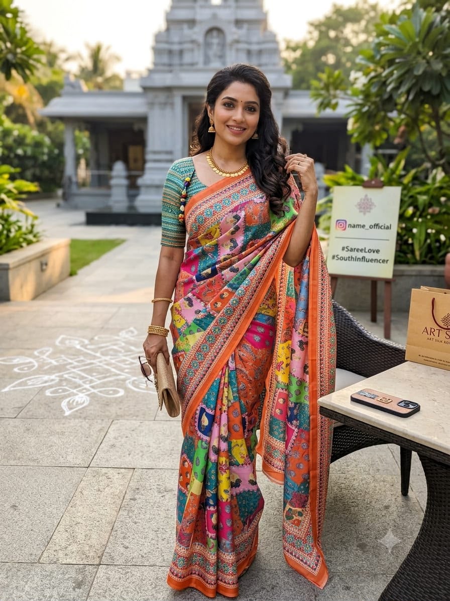 Pure Soft Chinon Saree with Digital Ajrakh Print and Blouse Piece