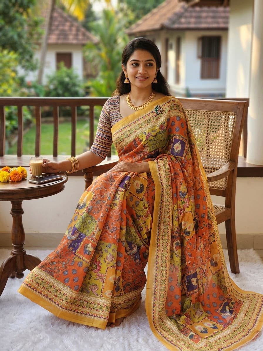 Pure Soft Chinon Saree with Digital Ajrakh Print and Blouse Piece