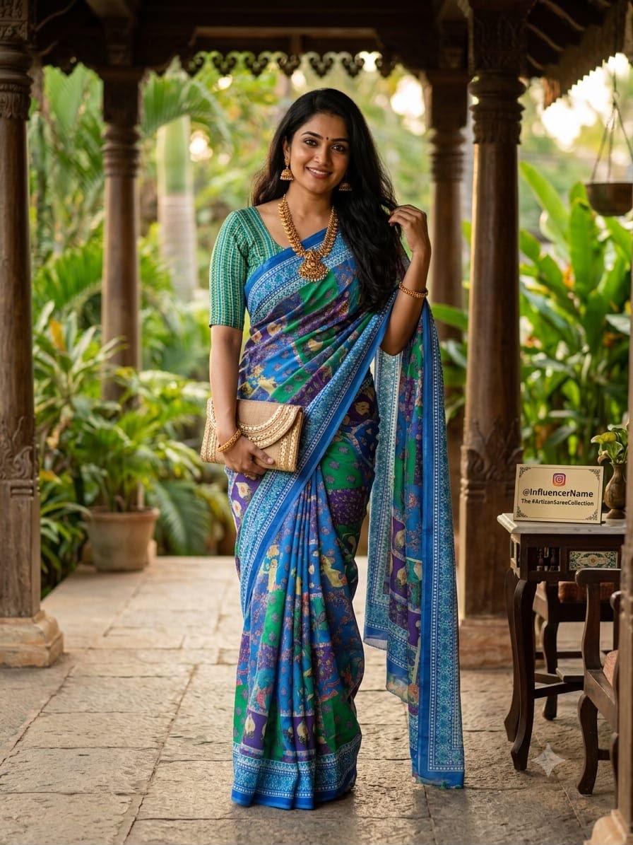 Pure Soft Chinon Saree with Digital Ajrakh Print and Blouse Piece