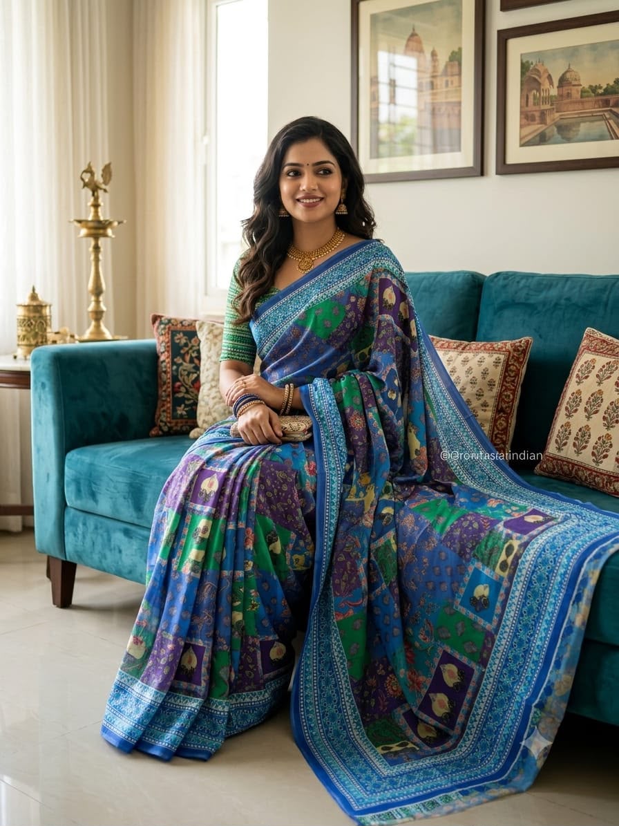 Pure Soft Chinon Saree with Digital Ajrakh Print and Blouse Piece